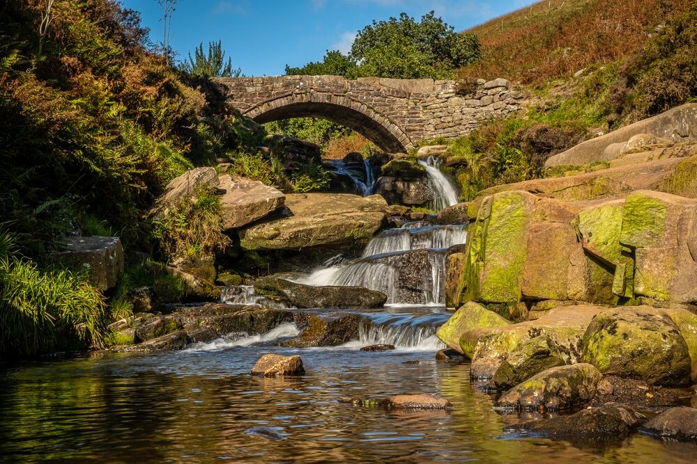Waterfall flowing under a bridge near Manchester